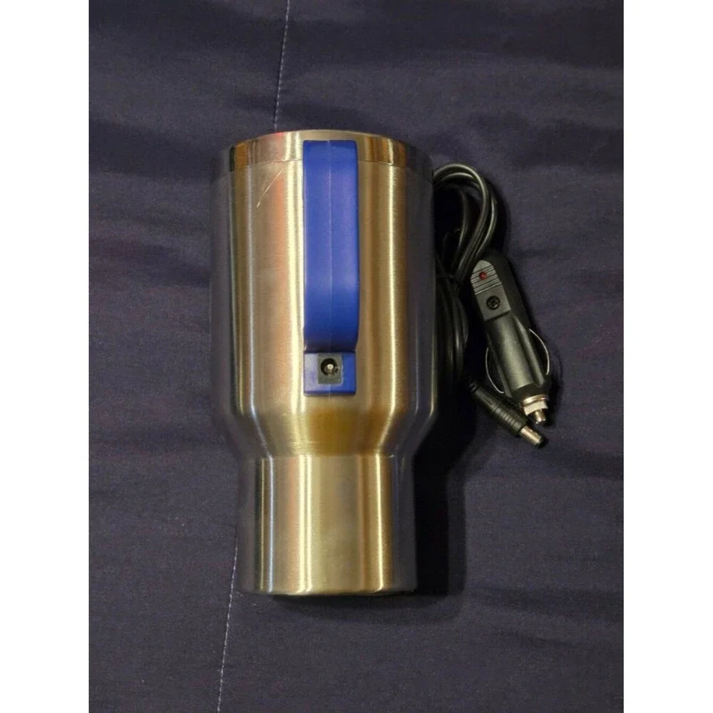HEATED STAINLESS STEEL COFFEE MUG.